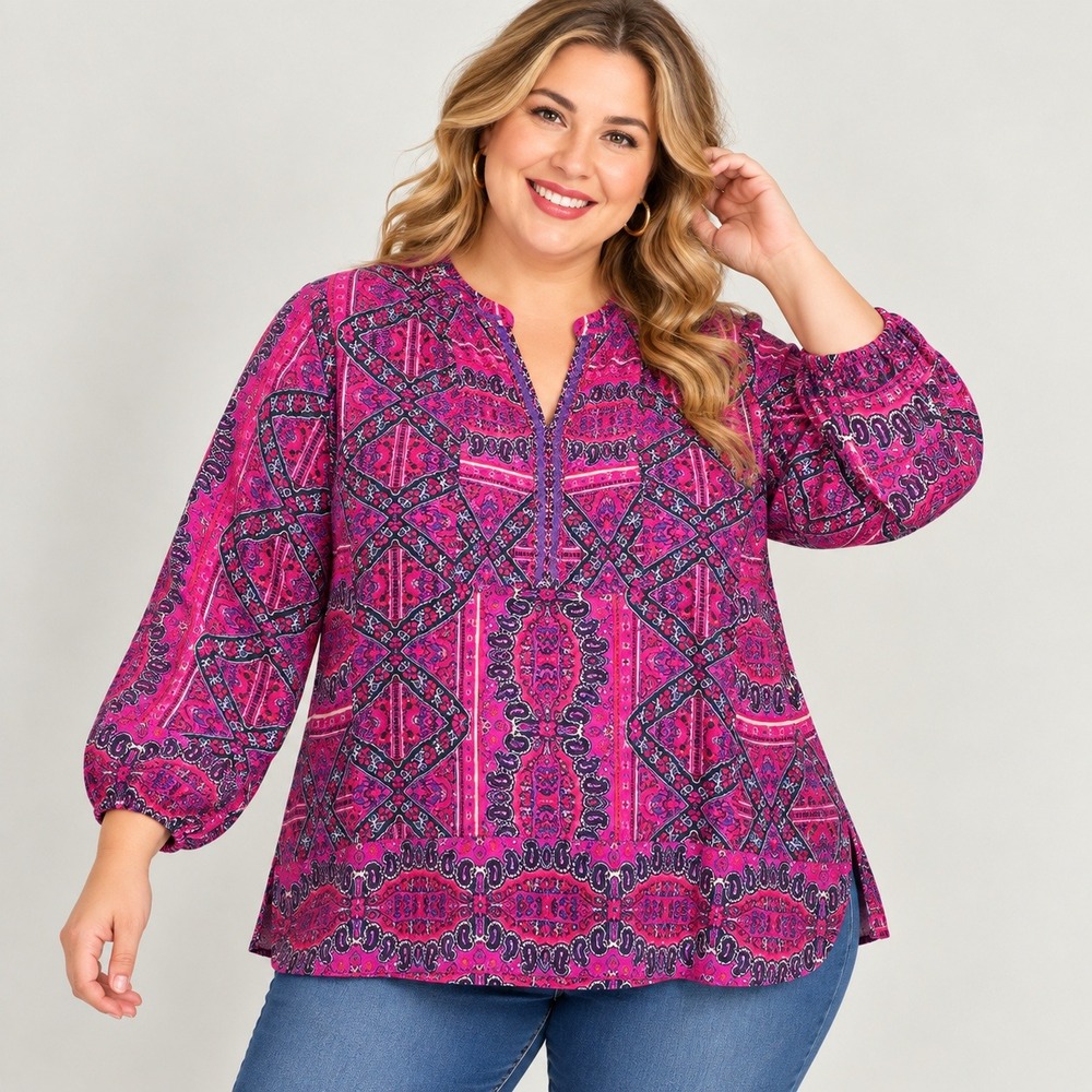 Jones New York 2X Tunic Blouse Pink Paisley Boho Split Neck Long Sleeve Plus